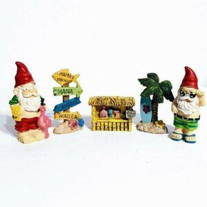 Beach Themed Garden Gnomes Resin Set of 2 Figures Palm Tree 3.5" Decor New